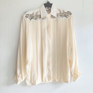 VTG Silk Snakeskin Leather Blouse Western Embellished‎ Padded Shoulders Cedars 6
